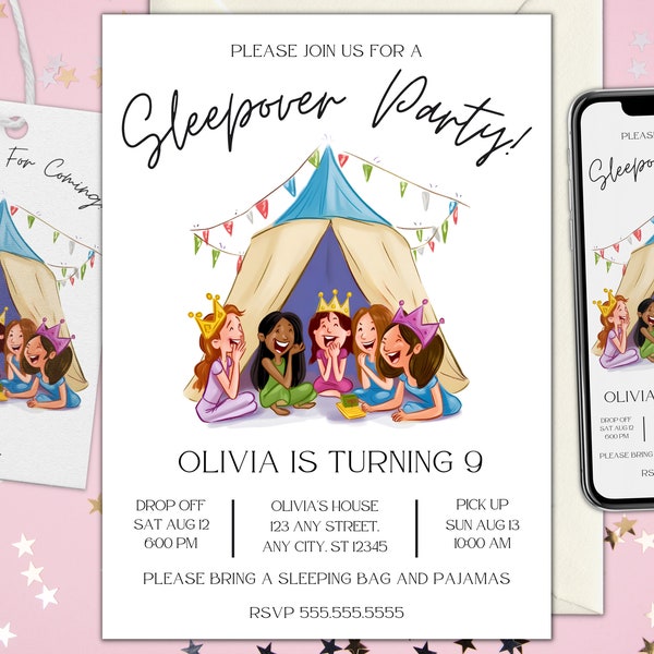 Sleepover Birthday Minimalist Invitation Set Slumber Party Invite Girl Pajama Party Glamping Movie Night Digital Printable Editable Download