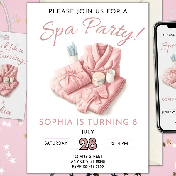 Minimalist Spa Party Birthday Invitation Template Set Printable Spa Party Birthday Invitation Editable Spa Party Invitation Instant Download