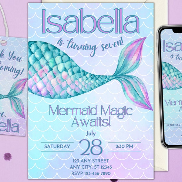 Minimalist Mermaid Birthday Invitation Set Mermaid Invitation Mermaid Template Download Digital File Mermaid Party Instant Download Editable