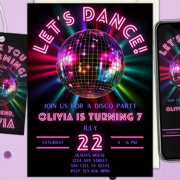 Editable Disco Party Invitation Minimalist Personalized Invitation Neon Printable Dance Party Girl Sweet 16 Taylor Swift Instant Download