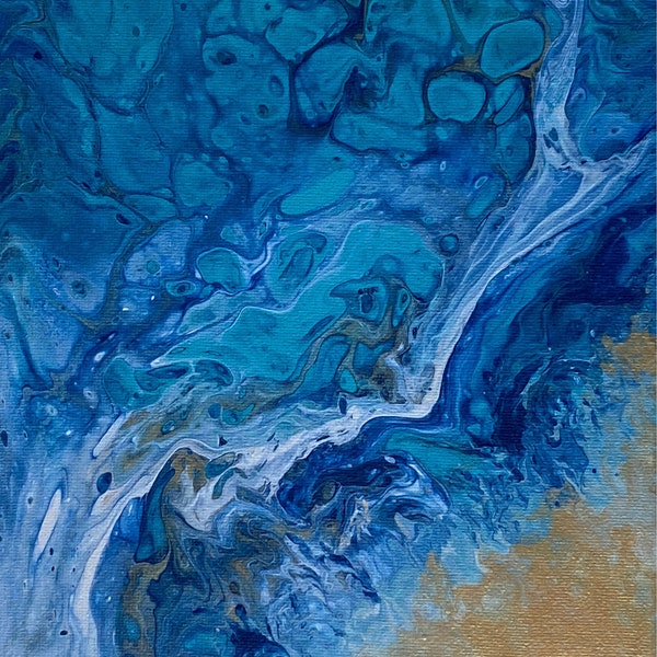 On SALE 8”x10” small stretched canvas original acrylic painting beach ocean water  acrylic pour fluid wall art blue turquoise teal gold sand