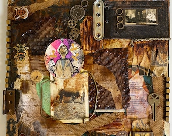 12”x12”  stretched canvas original unique handmade wall art mixed media acrylic painting collage steampunk goth vintage look gears ephemera