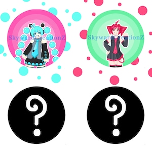 May include: Four circular pin-back buttons. The top left features a blue-haired character on a pink background, the top right a red-haired character on a green background, and the bottom two are black with white question marks. Text reads SkywardCreationZ.