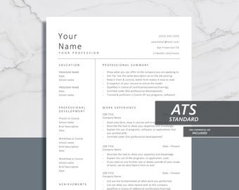 May include: A black and white resume template with the text "ATS Standard" in a grey box. The resume template includes sections for education, professional development, work experience, and achievements.
