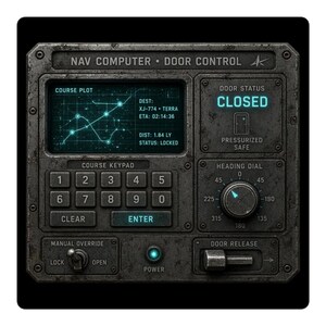 以下が含まれることがあります： 使い込まれた金属製のナビゲーションコンピューターおよびドア制御パネル。デジタル画面の航路図、テンキー、方位ダイヤル、手動オーバーライドトグルスイッチ、電源インジケーターライト、ドアリリーススライダーが配置されています。