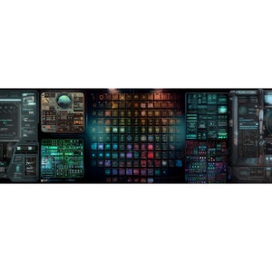 May include: A futuristic control panel with a variety of buttons, dials, and screens. The panel is made up of several different sections, each with its own unique design. The panel is lit up in a variety of colours, creating a visually striking effect.