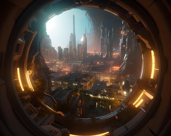 Vista dalla mia astronave di una città di fantascienza