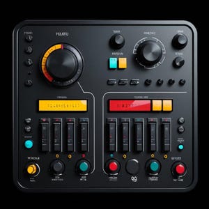 Puede incluir: Un dispositivo electrónico negro con múltiples perillas, deslizadores y botones. El dispositivo tiene dos pantallas digitales, una amarilla y otra roja. El texto "PILARU" es visible. Hay varios botones y diales de colores presentes.