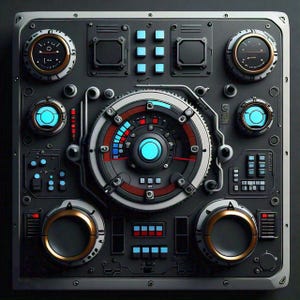 May include: A detailed, square, metallic control panel with various gauges, buttons, and dials. The panel features a central circular mechanism with red, blue, and white indicators, surrounded by smaller gauges with gold and blue accents. The overall color scheme is dark gray and black.