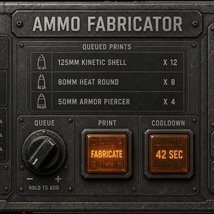 Puede incluir: Un panel de control de metal gris oscuro Ammo Fabricator con pantallas digitales que muestran el estado de la impresora, niveles de material y una cola de proyectiles cinéticos de 125mm, rondas de calor de 80mm y perforantes de 50mm.
