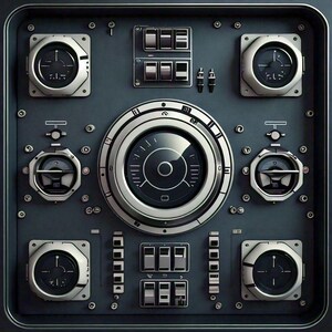 May include: A control panel with multiple gauges, dials, and switches, set against a dark grey background. The panel features circular gauges with silver rims and black faces, along with rectangular switch arrays. The design has a retro-futuristic aesthetic.