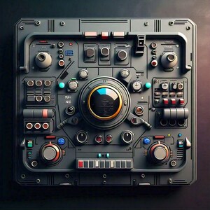 May include: A detailed, gray control panel with numerous buttons, dials, and lights. The panel features a central circular display with a blue and gold accent. Various switches and indicators are arranged symmetrically, creating a complex, technical aesthetic.