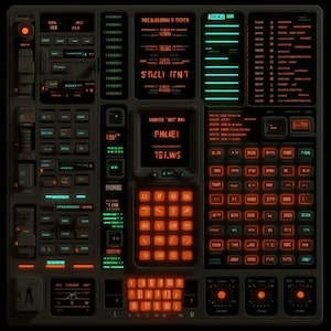 Peut inclure: Un panneau de contrôle futuriste avec une variété de boutons, de commutateurs et d'affichages. Le panneau est en métal et de couleur gris foncé. Les affichages sont éclairés en rouge et en vert, et les boutons sont orange. Le texte sur les affichages comprend les mots "ROESAEBAM 3 TIOTE", "STIZLI INT", "118SOS 'NIT RAY", "PMLEI", et "TEMIS".