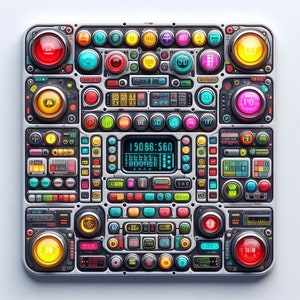 May include: A futuristic-looking control panel with a variety of buttons, dials, and displays. The panel is made of metal and has a silver finish. The buttons are colorful and have different shapes and sizes. The displays show numbers and symbols. The panel is labeled with the text "150 88:560".