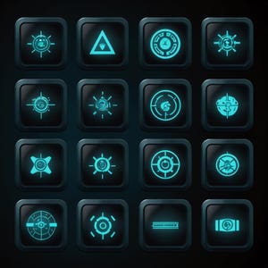 May include: Sixteen black square buttons with glowing teal designs. The designs include circles, triangles, and crosshairs, suggesting a futuristic or technological theme. The buttons are arranged in a grid pattern against a dark background.