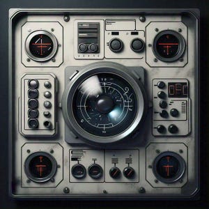 May include: A square, metallic control panel with multiple gauges, dials, and buttons. The panel features circular displays with red crosshair indicators, a central radar-like screen, and control knobs. The design has a retro-futuristic aesthetic, reminiscent of vintage technology.