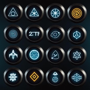 Puede incluir: Una colección de dieciséis botones metálicos circulares con varios diseños geométricos y abstractos brillantes en azul, blanco y amarillo. Los botones tienen un acabado metálico oscuro y cepillado, dispuestos en cuatro filas de cuatro.