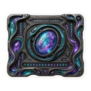 May include: A rectangular metallic object labeled GRAVITY LENS featuring an ornate, dark silver frame with swirling patterns. The center holds a large, glowing, iridescent purple and teal gemstone, surrounded by smaller purple crystals and etched symbols.