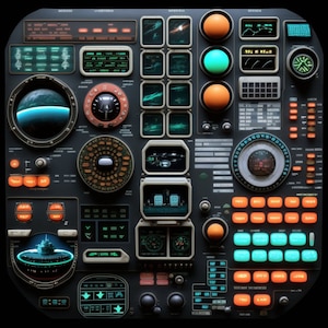 May include: A futuristic control panel with a variety of buttons, dials, and screens. The panel is dark gray with orange, blue, and green accents. The screens display various data and graphics.