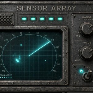 May include: A rectangular metal sensor array console with a weathered dark gray finish. The device features a central circular radar screen displaying a glowing teal sweep, five illuminated status buttons labeled A through E, and two circular control knobs for range and focus. A toggle switch labeled PING is set to active, and the text SENSOR ARRAY is printed at the top.