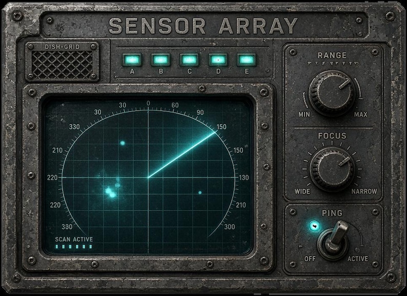 May include: A rectangular metal sensor array console with a weathered dark gray finish. The device features a central circular radar screen displaying a glowing teal sweep, five illuminated status buttons labeled A through E, and two circular control knobs for range and focus. A toggle switch labeled PING is set to active, and the text SENSOR ARRAY is printed at the top.