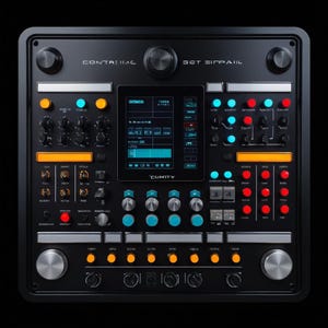 Puede incluir: Un panel de control electrónico negro con múltiples perillas, botones y una pantalla central que muestra gráficos azules y blancos. El panel tiene el texto "CONTRA: IAC" y "SCT SIRPAIL". Se ven varias luces de colores y conectores de entrada/salida.