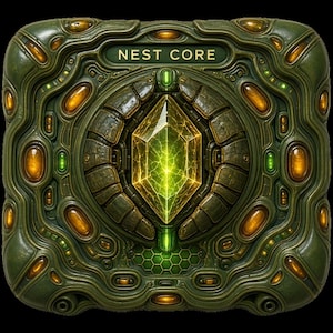 Peut inclure: Un appareil mécanique carré de couleur vert olive portant l'inscription NEST CORE, doté d'un cristal central jaune-vert brillant dans un cadre circulaire segmenté, entouré d'accents ovales ambrés et de motifs organiques complexes en relief.
