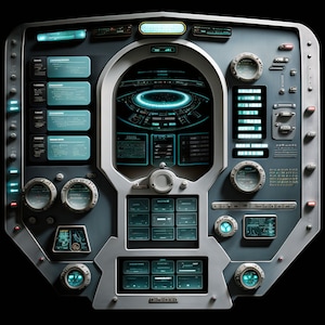 May include: A futuristic control panel featuring an array of buttons, dials, and screens. The panel is constructed from silver and grey metal and has a black backdrop. The screens display a range of data and information, including numbers, graphs, and text.