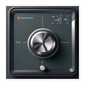 May include: A dark grey control panel featuring a large, circular, metallic knob. The panel has a square shape with rounded corners and a small, silver button below the knob. The text "Miuake Petid" is visible at the top.