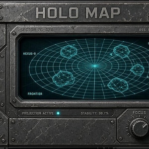 Puede incluir: Un dispositivo metálico rectangular de color gris oscuro etiquetado como HOLO MAP con una pantalla central que muestra una cuadrícula turquesa y cuatro formas de asteroides. La interfaz incluye perillas, interruptores y etiquetas SECTOR 7G-42A, NEXUS-9, FRONTIER, OUTER RIM y ASTEROID BELT.