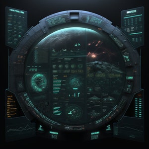 Könnte beinhalten: Ein futuristisches Raumschiffcockpit mit einem kreisförmigen Display, das einen Planeten, Sterne und ein Raumschiff zeigt. Das Display ist von verschiedenen digitalen Anzeigen und Bedienelementen umgeben. Der Text "SSAM FYN I RNT" ist auf der linken Seite des Bildes sichtbar.
