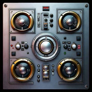 May include: A detailed, metallic control panel with multiple dials, buttons, and gauges. The panel features a mix of silver, gold, and black elements, with a prominent central dial and four surrounding circular gauges. The design suggests a retro-futuristic or industrial aesthetic.