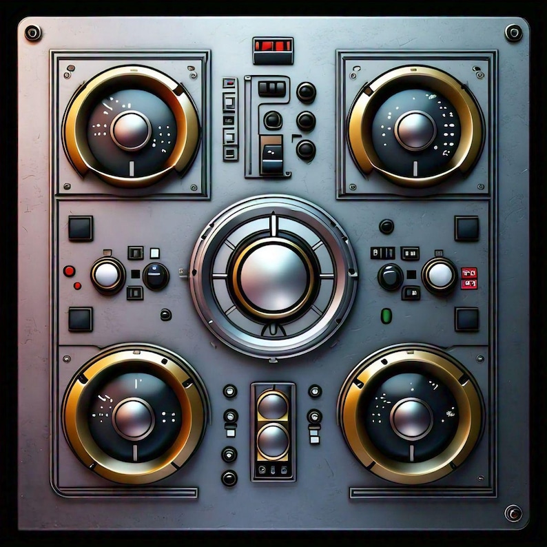 Puede incluir: Un panel de control met&aacute;lico detallado con m&uacute;ltiples diales, botones e indicadores. El panel presenta una mezcla de elementos plateados, dorados y negros, con un dial central prominente y cuatro indicadores circulares. El dise&ntilde;o sugiere una est&eacute;tica retro-futurista o industrial.