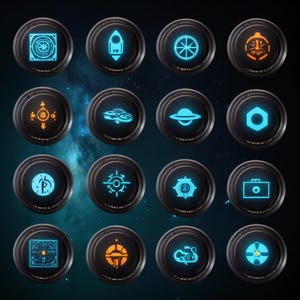 May include: A collection of sixteen black circular buttons with glowing neon-blue and orange designs. The designs include geometric shapes, spacecraft, and other futuristic symbols. The buttons are set against a dark blue and black space-themed background.