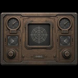 May include: A rectangular bronze-toned control panel featuring a central square screen with a white circular radar grid. The panel includes two analogue gauges at the top, two smaller square digital displays, two circular knobs, and a central text label.
