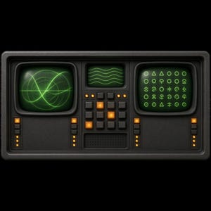 May include: A black control console featuring three green digital screens and a central keypad. The left screen displays a circular radar pattern, the top centre screen shows wavy lines, and the right screen contains a grid of geometric symbols.