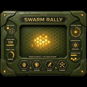 May include: A rectangular olive green electronic interface device labelled SWARM RALLY. The screen displays a glowing yellow honeycomb pattern. Control panels feature text including HIVE STATUS, ACTIVE UNITS 128, THREAT LEVEL MEDIUM, COMMAND CHANNEL, PHALANX, RALLY, DEFEND, STRIKE, and EXPAND.
