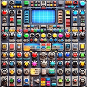 Puede incluir: Un panel de control detallado con numerosos botones, interruptores y pantallas en varios colores. El panel tiene una pantalla central y múltiples lecturas digitales. El diseño es simétrico, con una mezcla de elementos redondos y rectangulares. El panel tiene el texto "10:30" y "12:19".