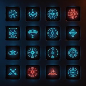 Puede incluir: Una cuadrícula de dieciséis iconos de neón brillantes, cada uno dentro de un cuadrado oscuro. Los iconos presentan varios diseños futuristas, incluyendo círculos, miras y aviones estilizados, en tonos de azul y rojo. El tema general sugiere una estética de ciencia ficción o tecnológica.