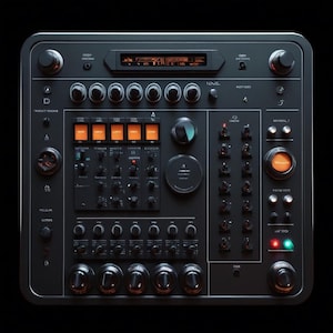 May include: A black electronic audio mixer with numerous knobs, switches, and orange illuminated buttons. The device has a digital display and various input and output ports. The overall design is sleek and modern, with a focus on functionality.