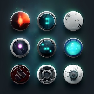 May include: Nine round, metallic buttons with various designs and colours. Some buttons have glowing lights, others have a textured surface, and one has a graphic of a person.