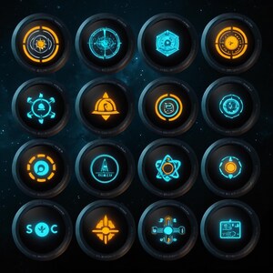Puede incluir: Dieciséis botones circulares negros con varios diseños geométricos brillantes en naranja y azul. Los diseños incluyen brújulas, engranajes y otros símbolos futuristas. Los botones están dispuestos en una cuadrícula sobre un fondo espacial azul oscuro.