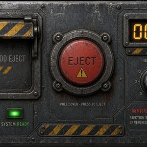 May include: A metallic control panel featuring a large red EJECT button, a digital countdown display showing 00:05, a rotary delay set dial, a toggle switch labeled ARM and SAFE, a green SYSTEM READY light, and a hinged cover marked ESCAPE POD EJECT.
