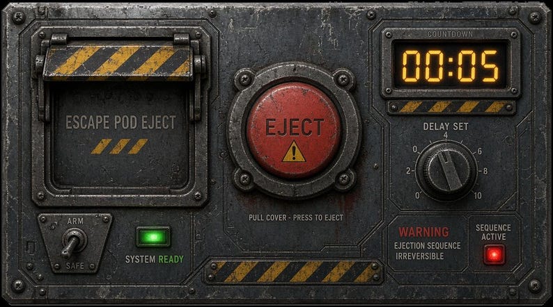 May include: A metallic control panel featuring a large red EJECT button, a digital countdown display showing 00:05, a rotary delay set dial, a toggle switch labeled ARM and SAFE, a green SYSTEM READY light, and a hinged cover marked ESCAPE POD EJECT.