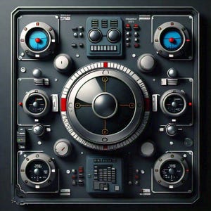 Könnte beinhalten: Eine detaillierte, dunkelgraue Schalttafel mit verschiedenen Messgeräten, Zifferblättern und Knöpfen. Die Tafel verfügt über kreisförmige Messgeräte mit blauen und roten Anzeigen sowie ein großes zentrales Zifferblatt. Das Design hat eine retro-futuristische Ästhetik.