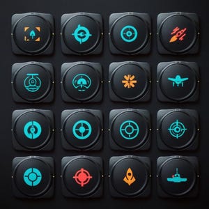 May include: A set of 16 black square buttons with various symbols and icons in blue, orange, and white. The buttons are arranged in a 4x4 grid.