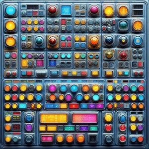 May include: A colorful digital interface with a variety of buttons, dials, and displays. The interface features a mix of round, square, and rectangular buttons in various colors, including red, blue, green, yellow, and orange. The interface also includes several digital displays showing numbers and text.