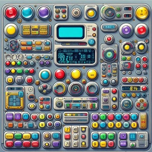 May include: A colorful, futuristic control panel with various buttons, dials, and displays. The panel features a digital display showing the numbers 199 211, a yellow button with the text "100", and a red button with the text "10".