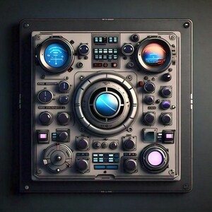 May include: A detailed, gray control panel with numerous dials, gauges, and displays. The panel features circular meters with blue and orange illuminated screens, along with various buttons and switches. The design has a retro-futuristic aesthetic.