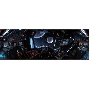 May include: A futuristic spaceship bridge with a panoramic view of space. The bridge is filled with monitors and control panels. Two planets are visible through the large window.